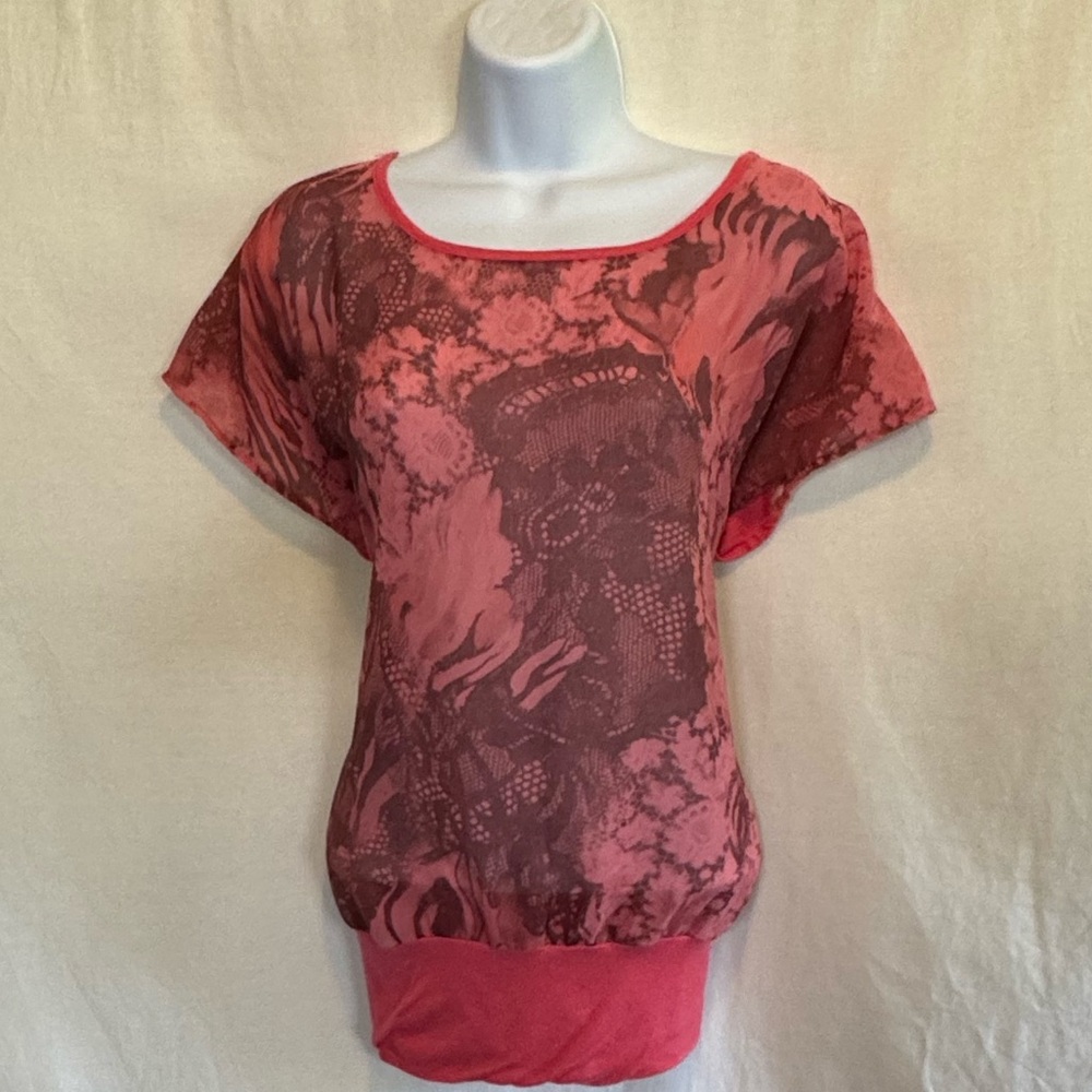 F-33 Signature Studio Pink Lace Detail Short Sleeve Pullover Blouse Size M